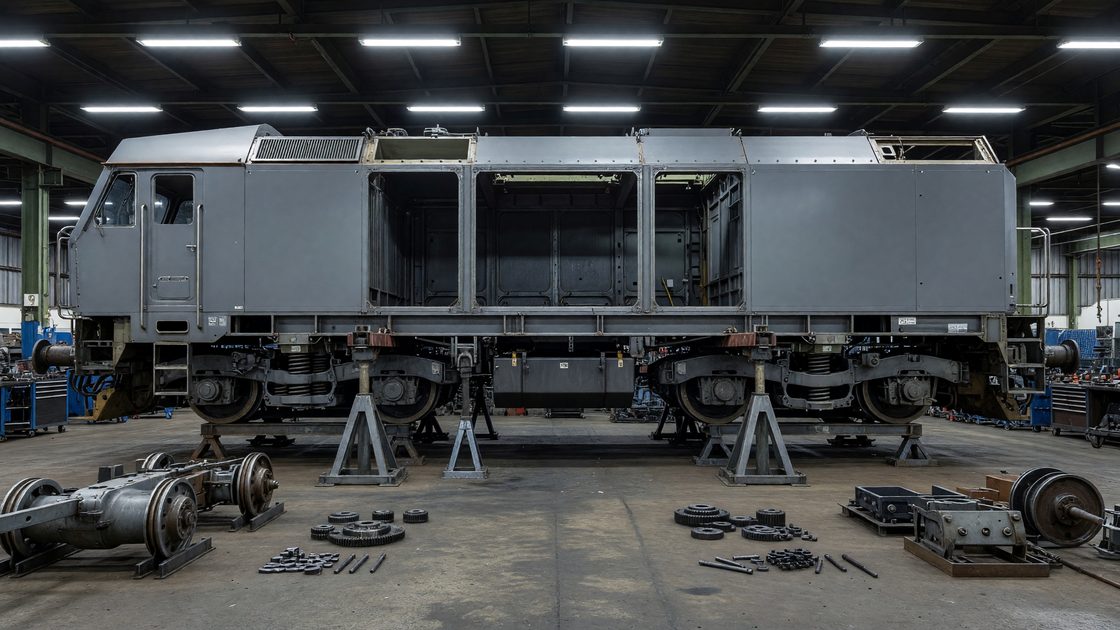 Locomotive frame and undercarriage disassembled on shop stands during a rebuild