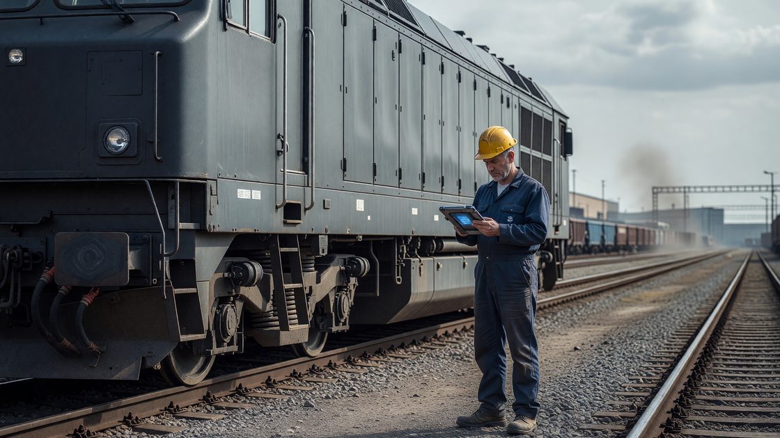 Maintenance technician reviewing diagnostic data on a tablet beside a locomotive in a rail yard