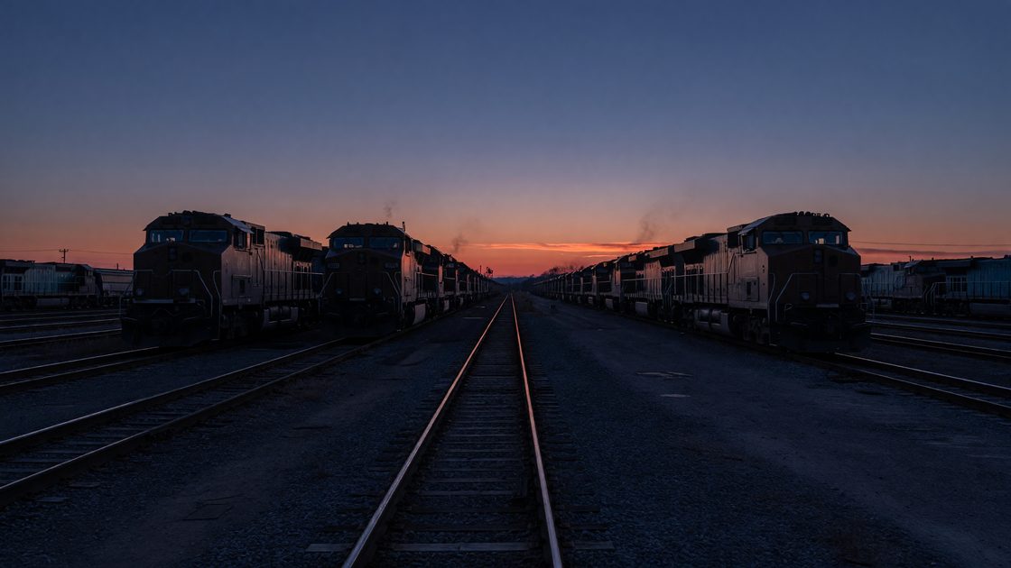 Rows of locomotives parked in a rail yard under overcast sky, viewed from a low angle